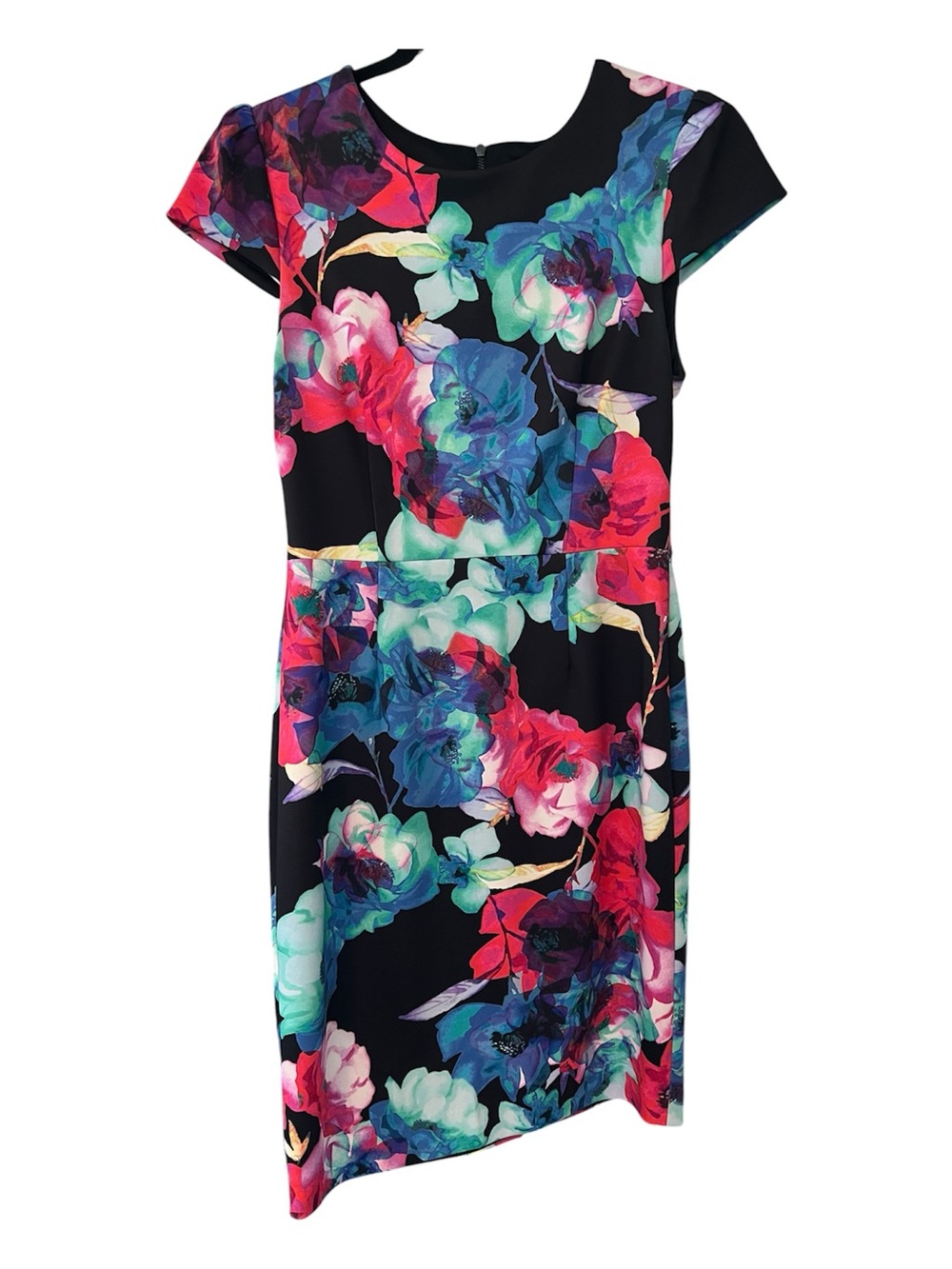 Betsey Johnson Women's (Size 6) Blk, Pink Watercolor Floral Sheath Midi Dress